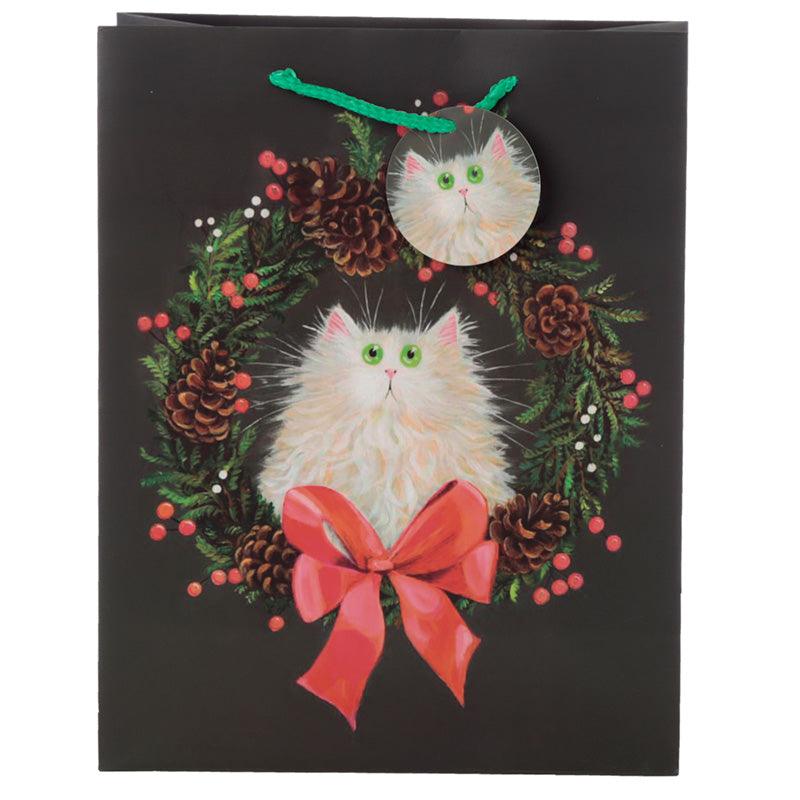 Kim Haskins Cat Christmas Wreath Large Gift Bag-