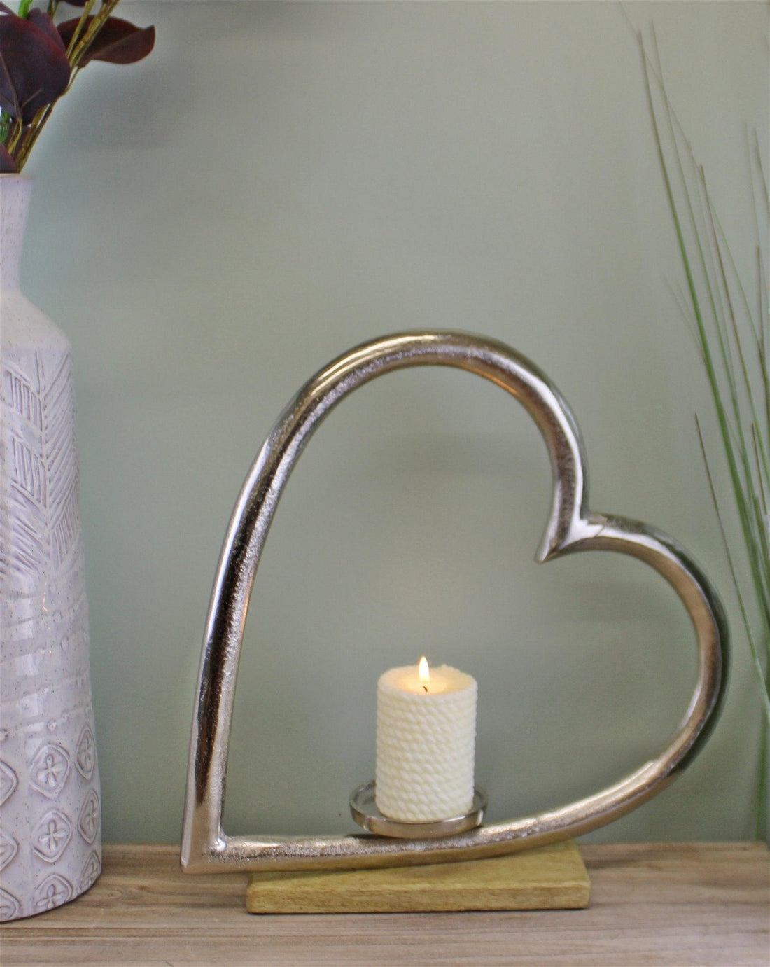 Large Metal Heart Candle Holder With Wooden Base - £41.99 - Candle Holders & Plates 