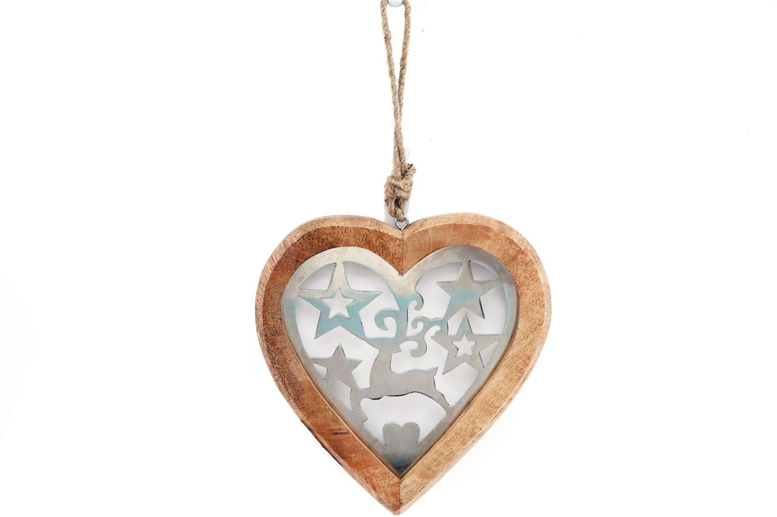 Large Wood Hanging Heart With Metal Reindeer & Stars-