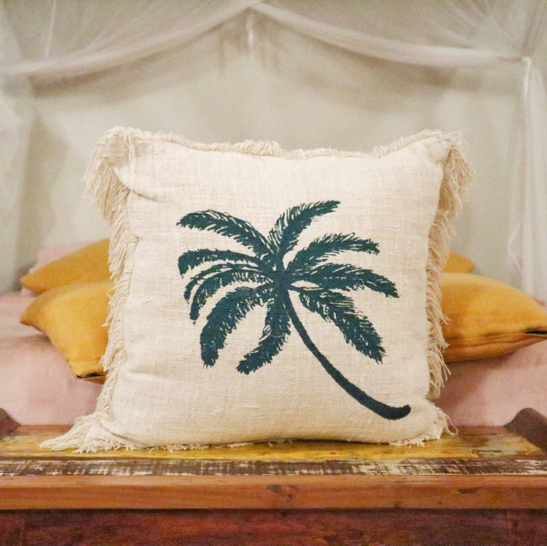 Linen Cushion 60x60cm Palm Tree with Fringe - £37.0 - 