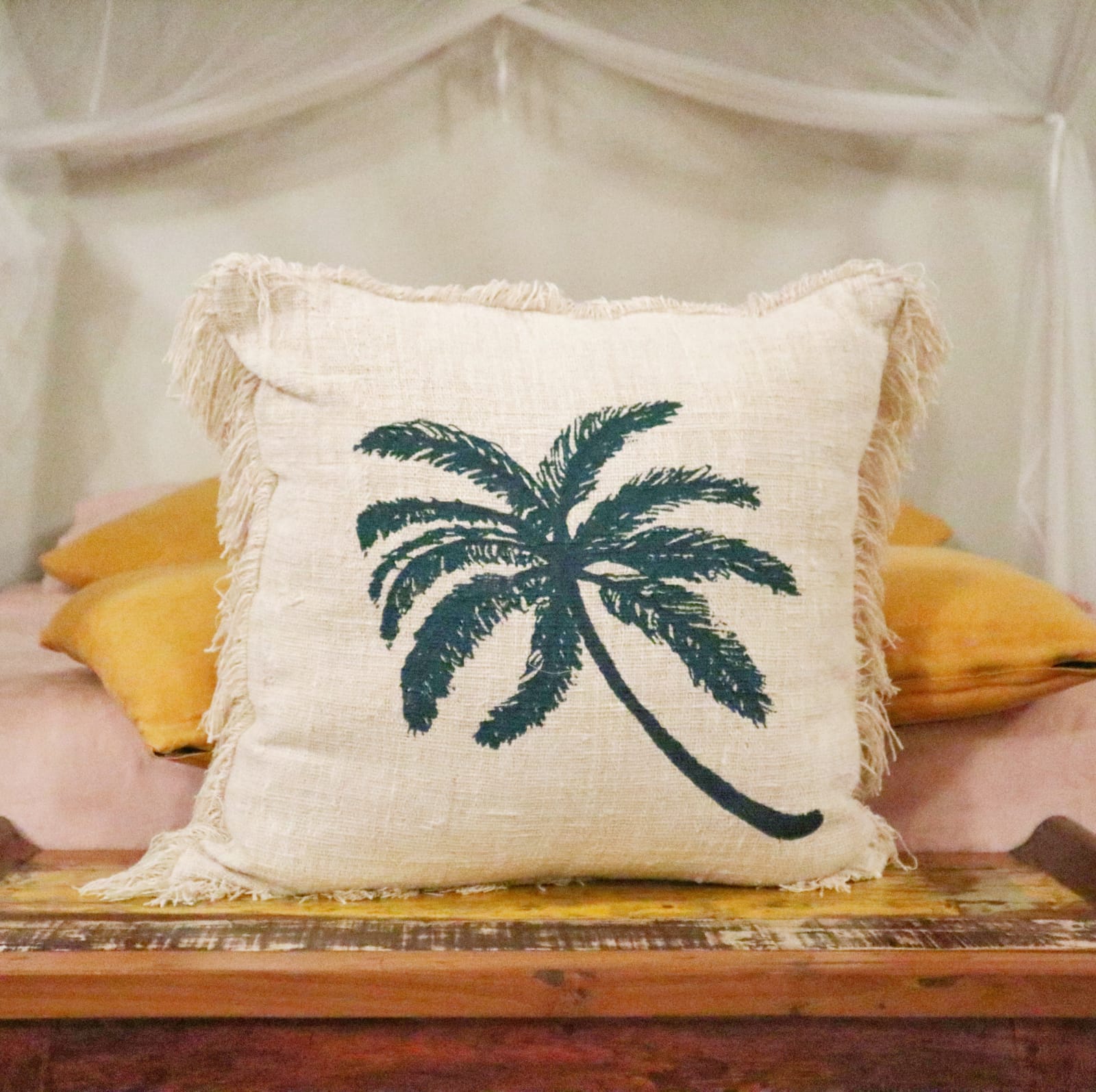 Linen Cushion 60x60cm Palm Tree with Fringe-