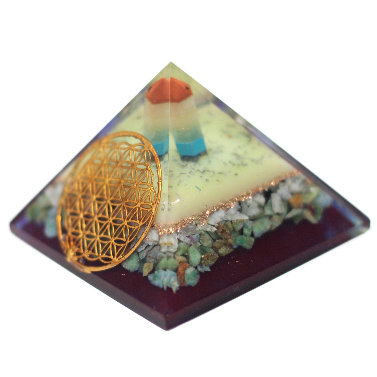 Lrg Organite Pyramid 80mm - Flower of life symbol-