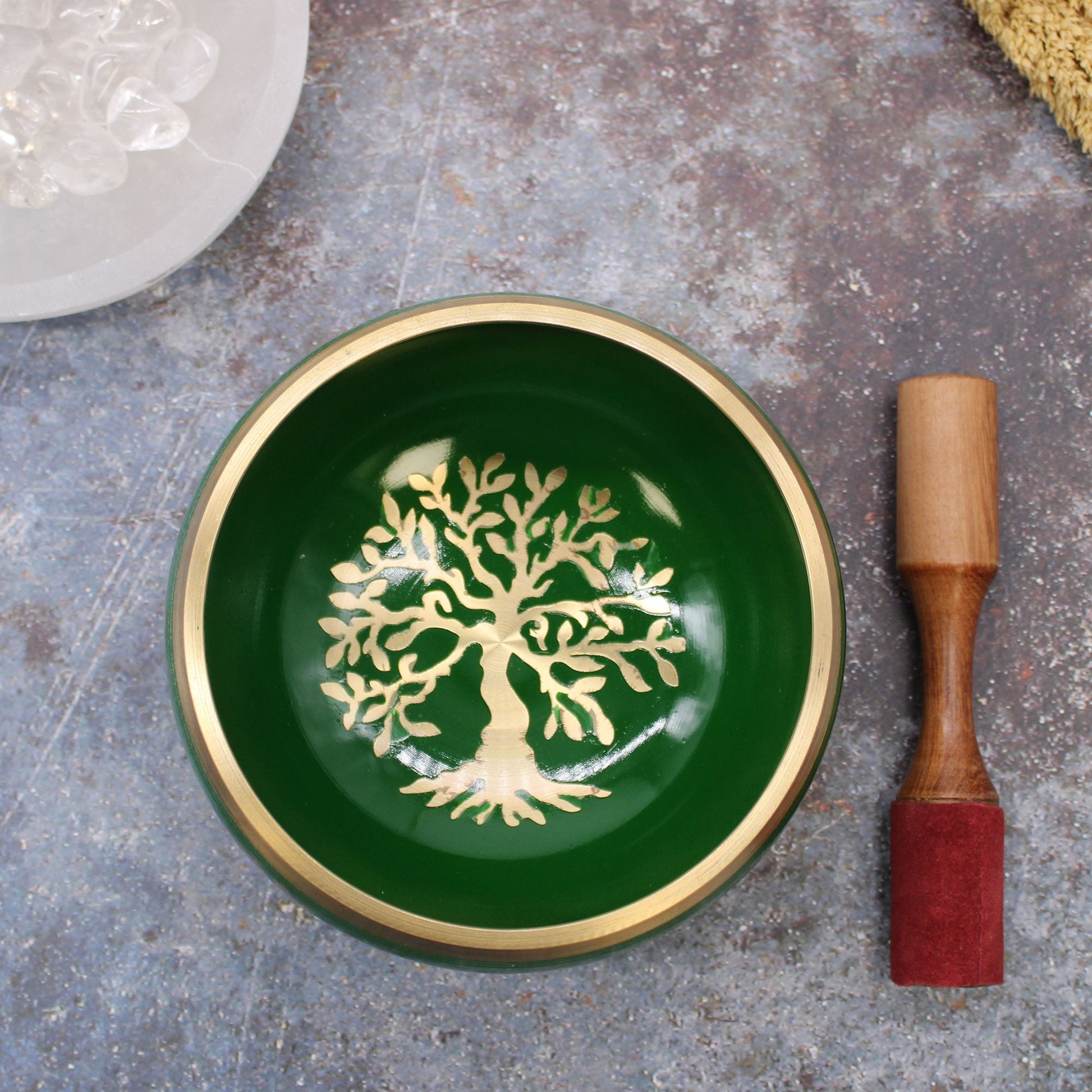 Lrg Tree of Life Singing Bowl Set- Green 14cm-