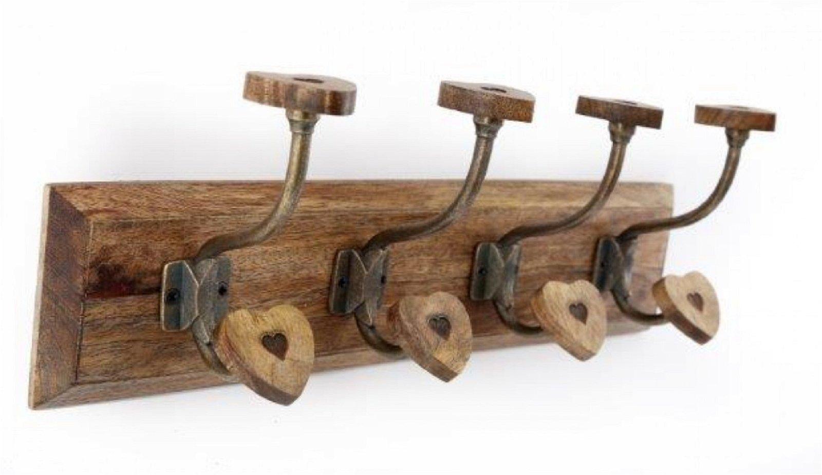 Mango Wood Heart 4 Double Coat Hooks-Coat Hooks