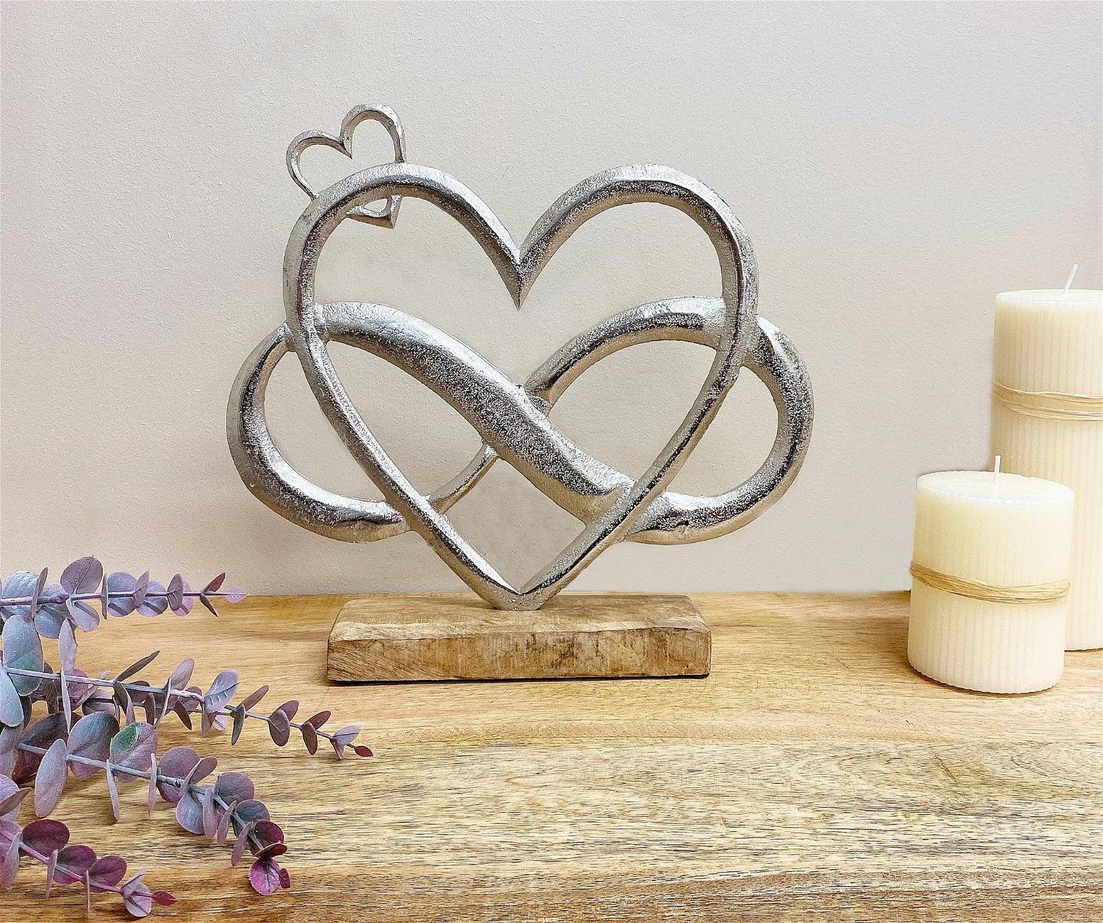 Metal Silver Entwined Hearts On A Wooden Base Large - £26.99 - 