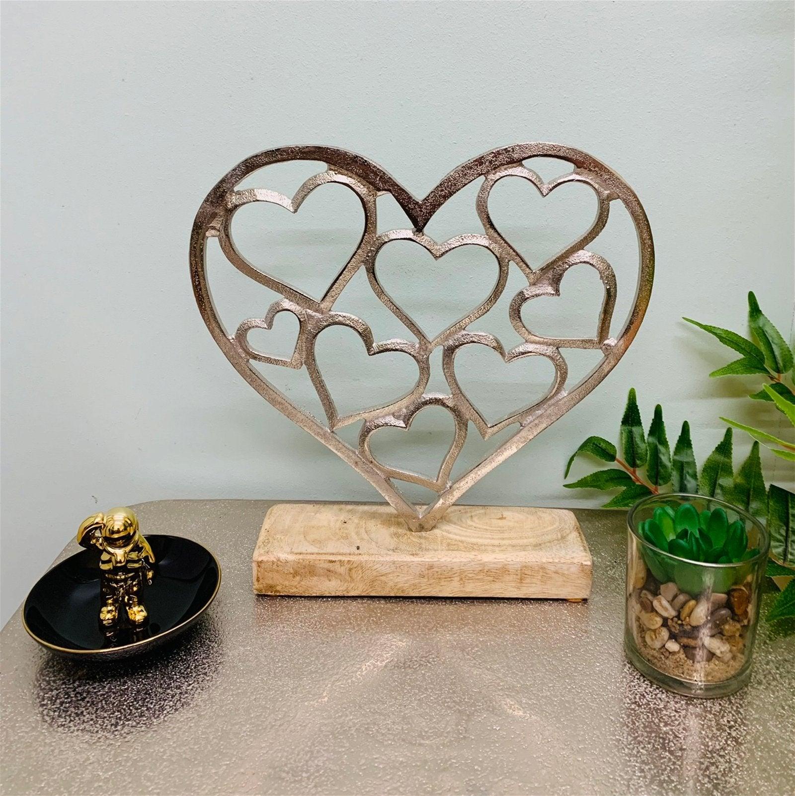 Metal Silver Hearts On A Wooden Base Small - £16.99 - Ornaments 