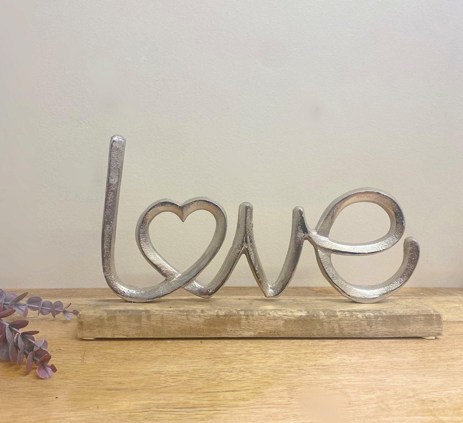 Metal Silver Love Ornament On A Wooden Base - £28.99 - 