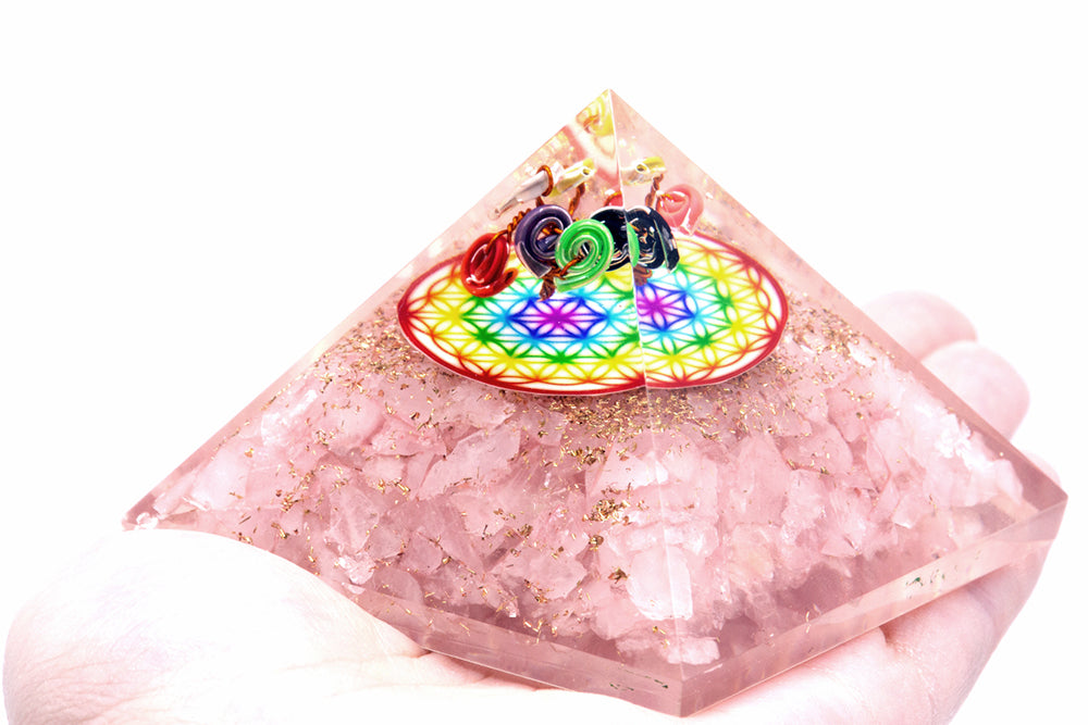 Orgonite Pyramid - Rose Quartz Rainbow Flower of Life - 70 mm-