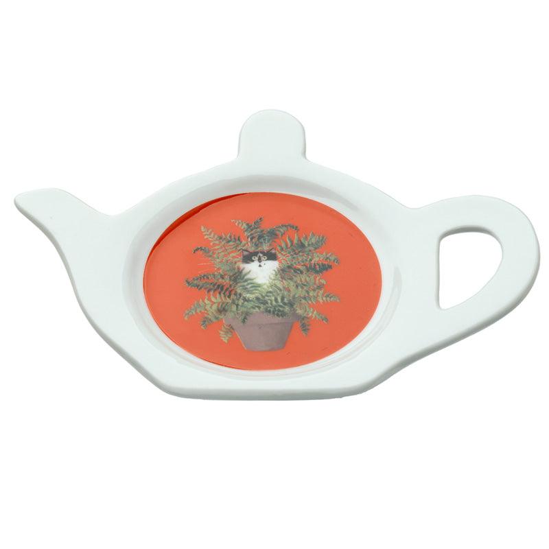 Porcelain Teabag Dish/Holder - Kim Haskins Cat in Plant Pot Red - £7.0 - 