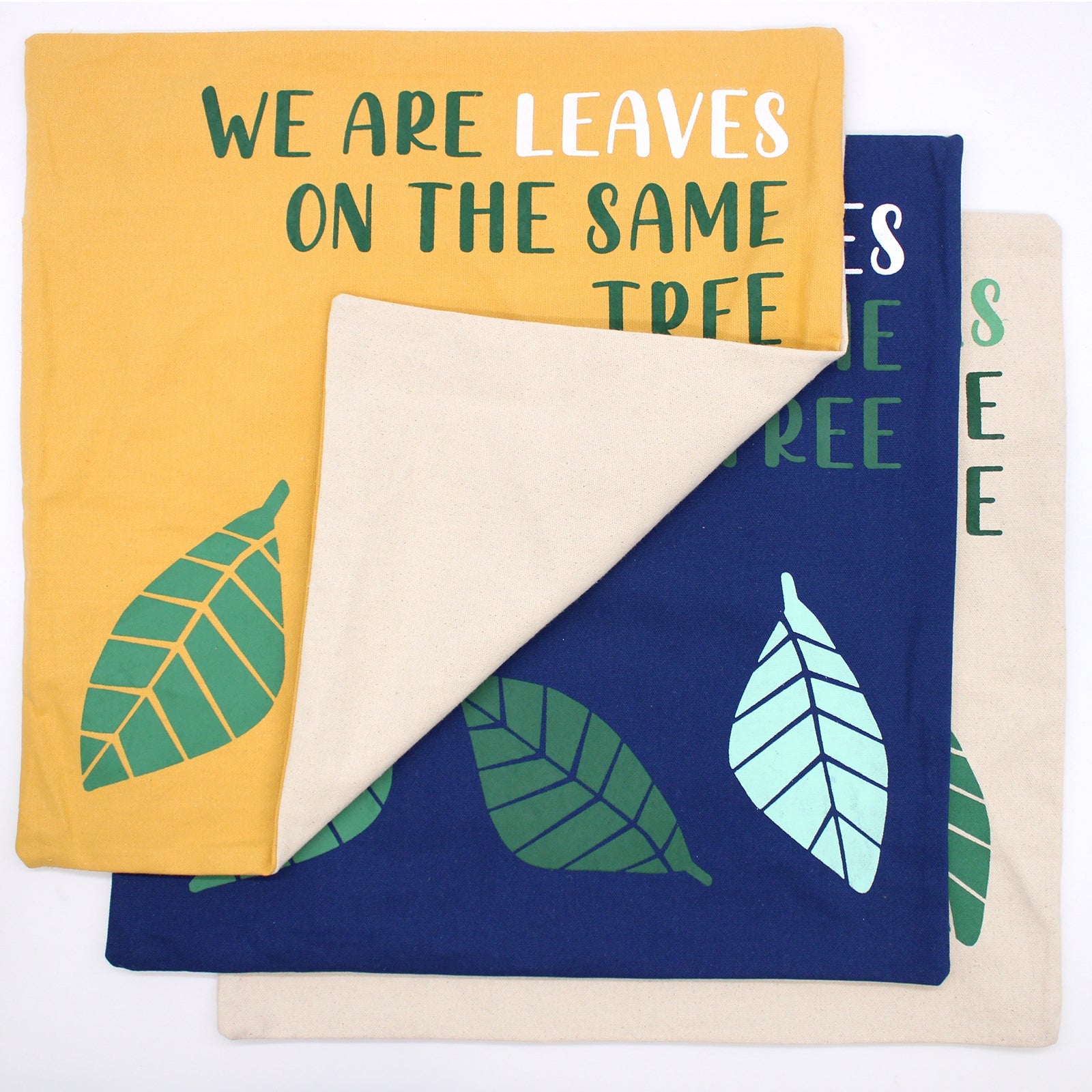 Printed Cotton Cushion Cover - We are Leaves - Yellow, Blue and Natural-