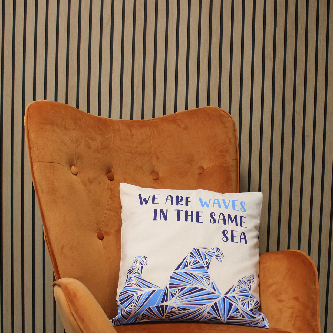 Printed Cotton Cushion Cover - We are Waves - Grey, Blue and Natural - £39.0 - 