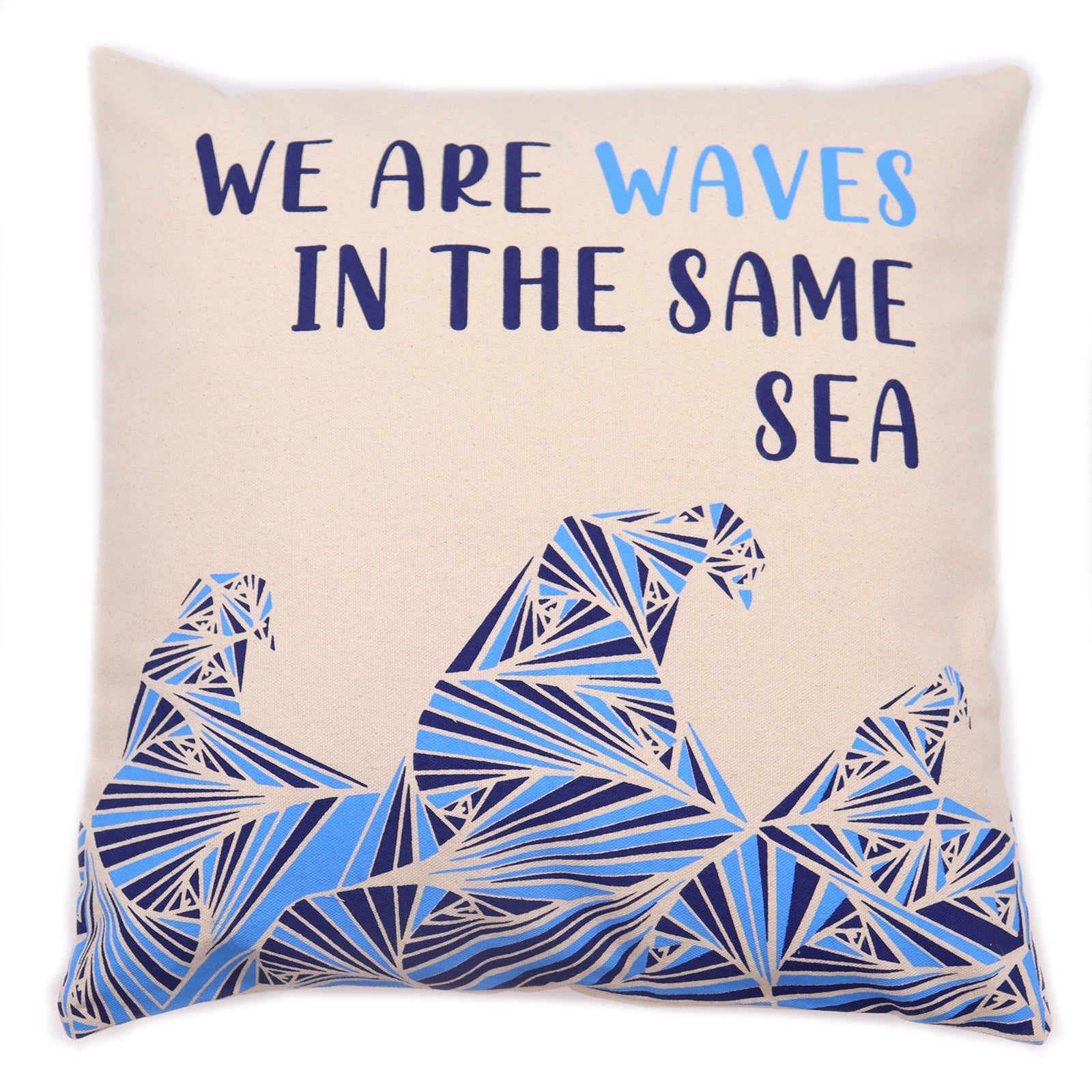 Printed Cotton Cushion Cover - We are Waves - Grey, Blue and Natural-