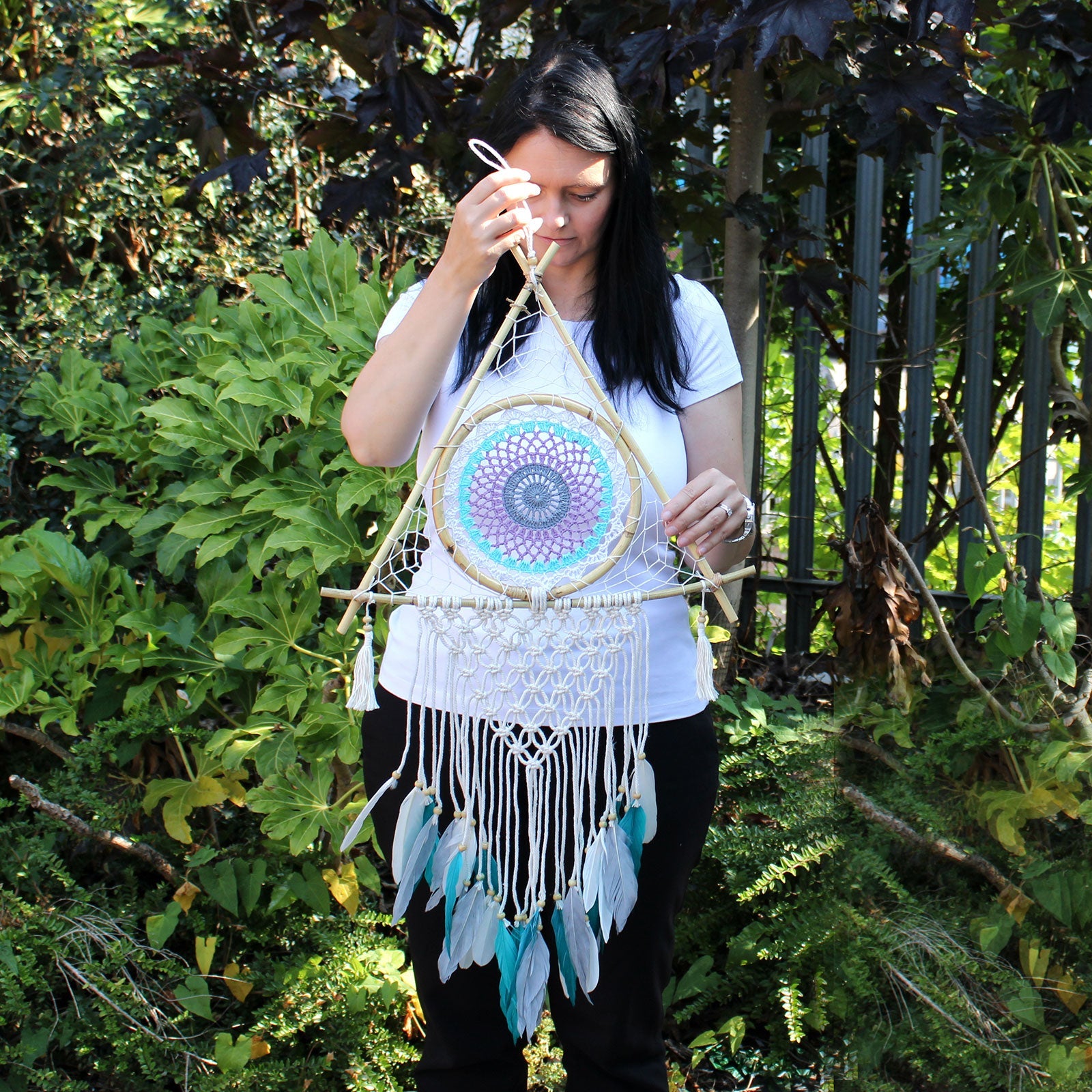 Protection Dream Catcher - Lrg Macrame Pyramid White/Turquoise-