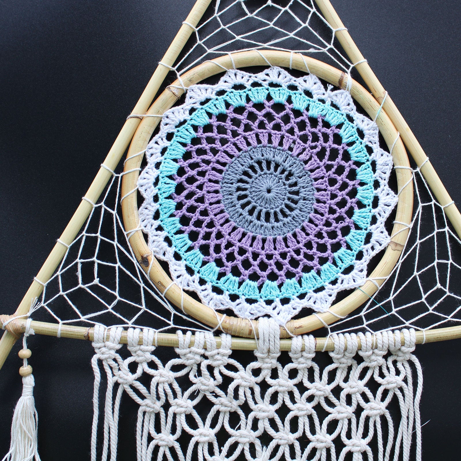 Protection Dream Catcher - Lrg Macrame Pyramid White/Turquoise-