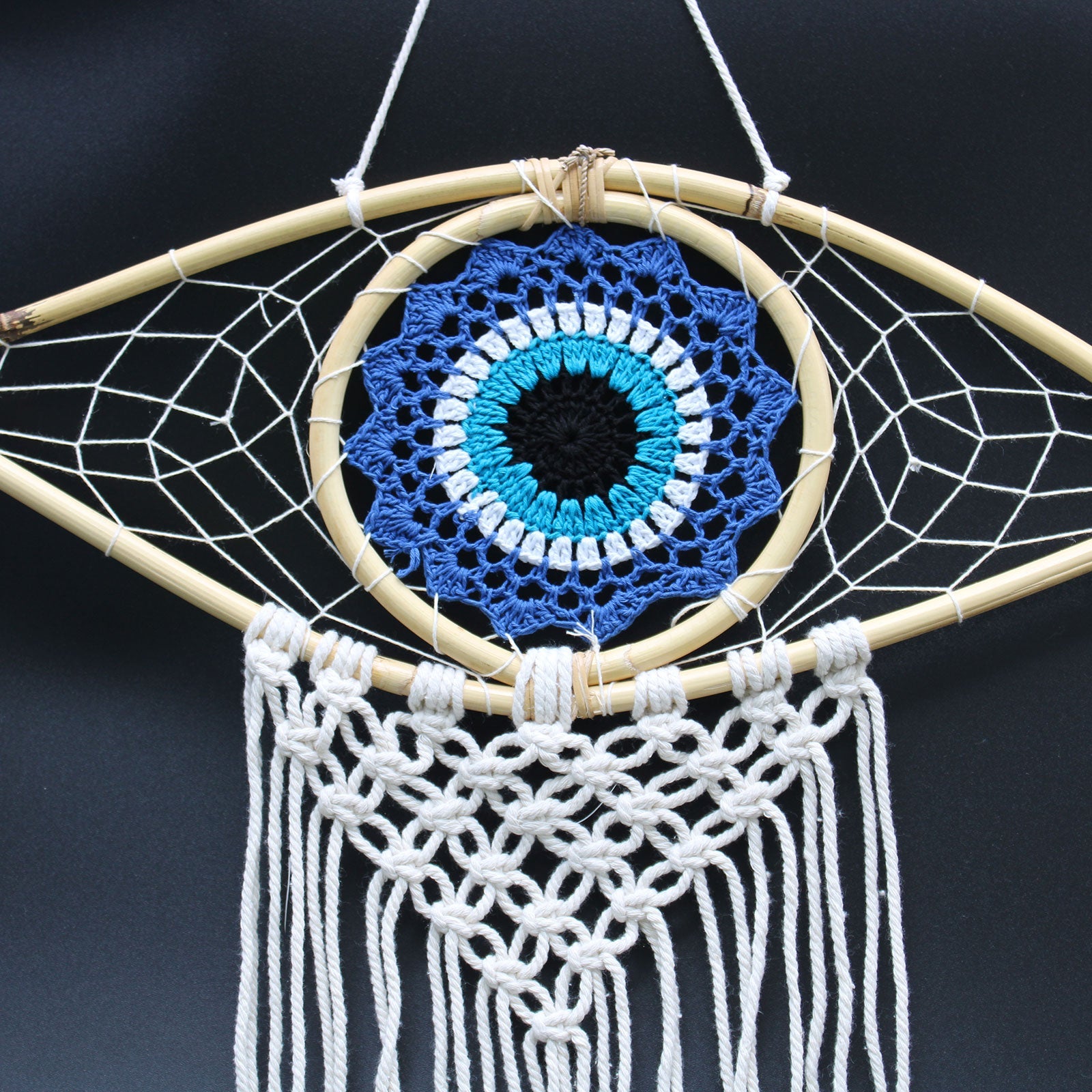 Protection Dream Catcher - Med Macrame Evil Eye Blue/White/Black-