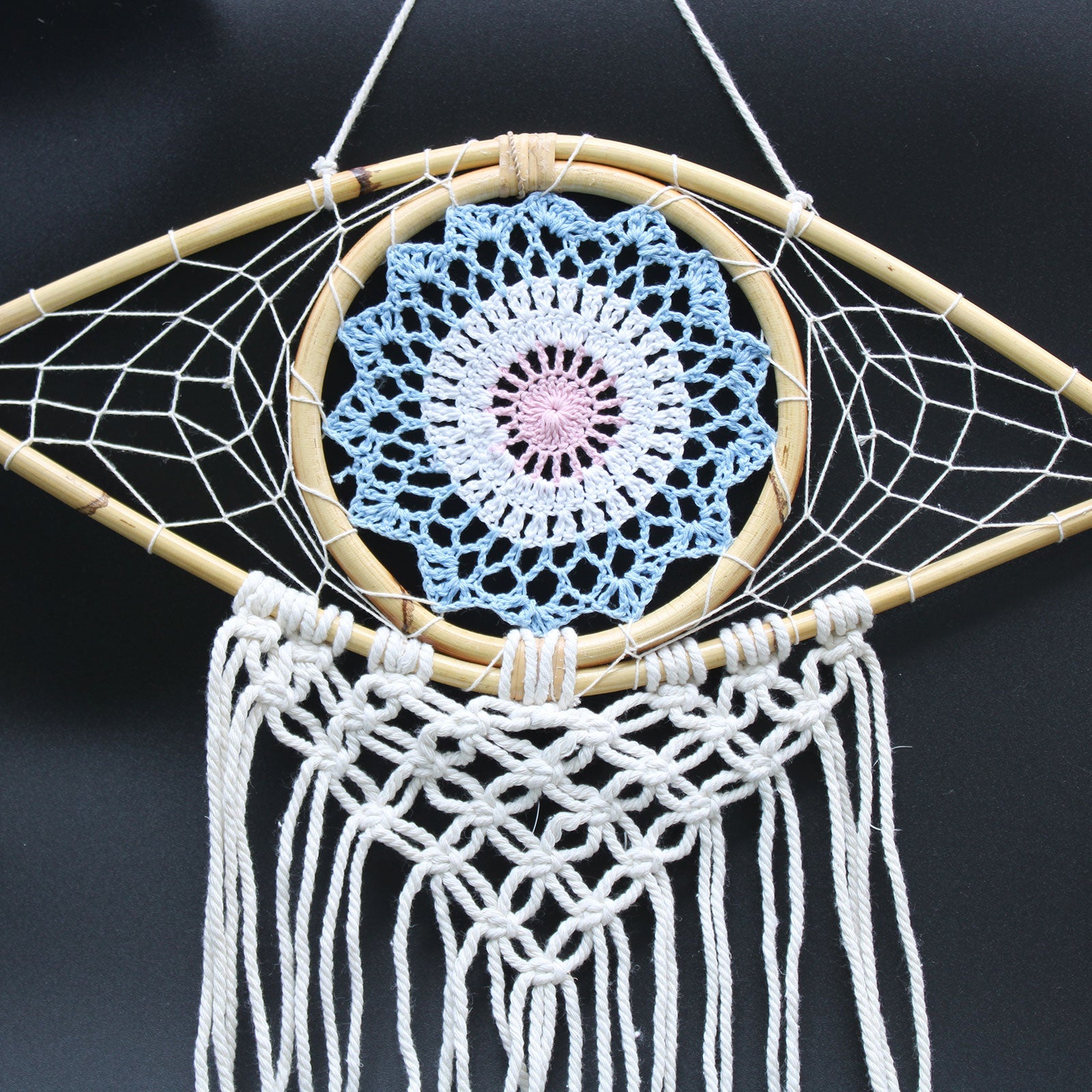 Protection Dream Catcher - Med Macrame Evil Eye Blue/White/Pink-