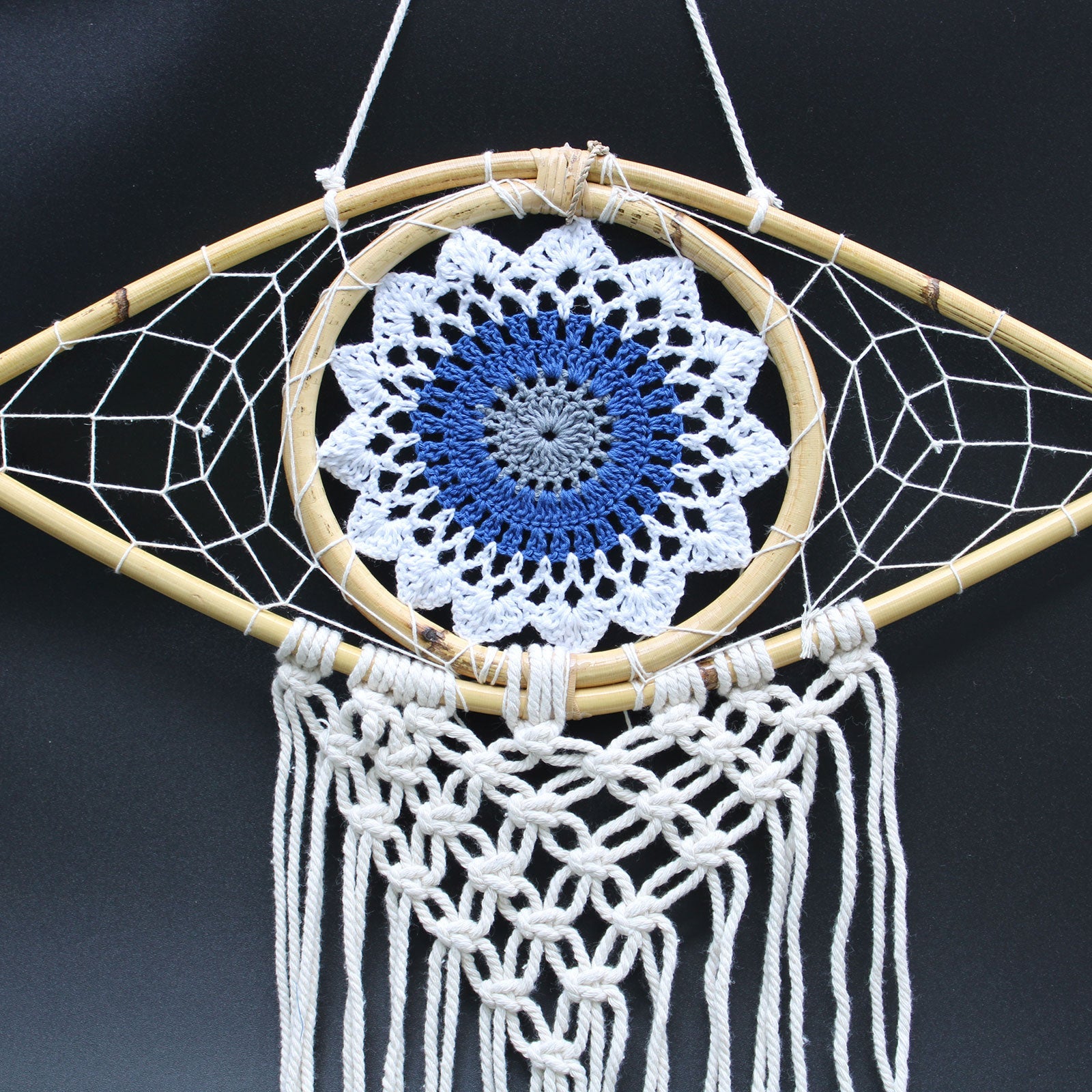 Protection Dream Catcher - Med Macrame Evil Eye White/ Blue/Grey-