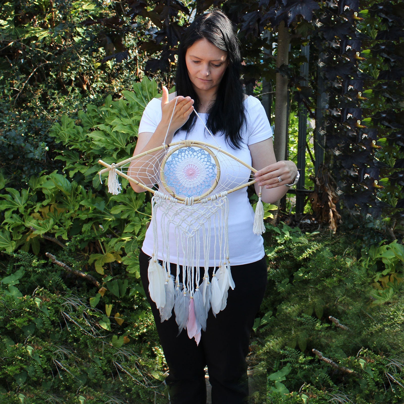 Protection Dream Catcher - Med Macrame Evil Eye White/ Blue/Grey-