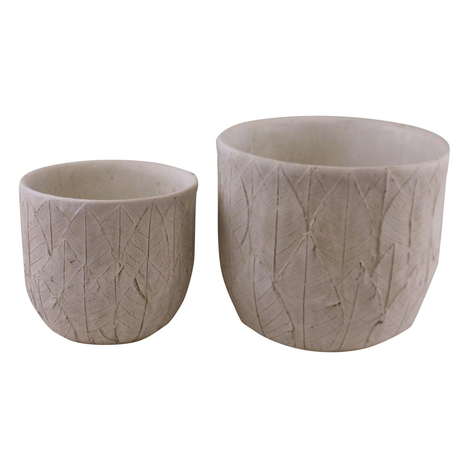 Set of 2 Cement Embossed Leaf Planters-Planters, Vases & Plant Stands