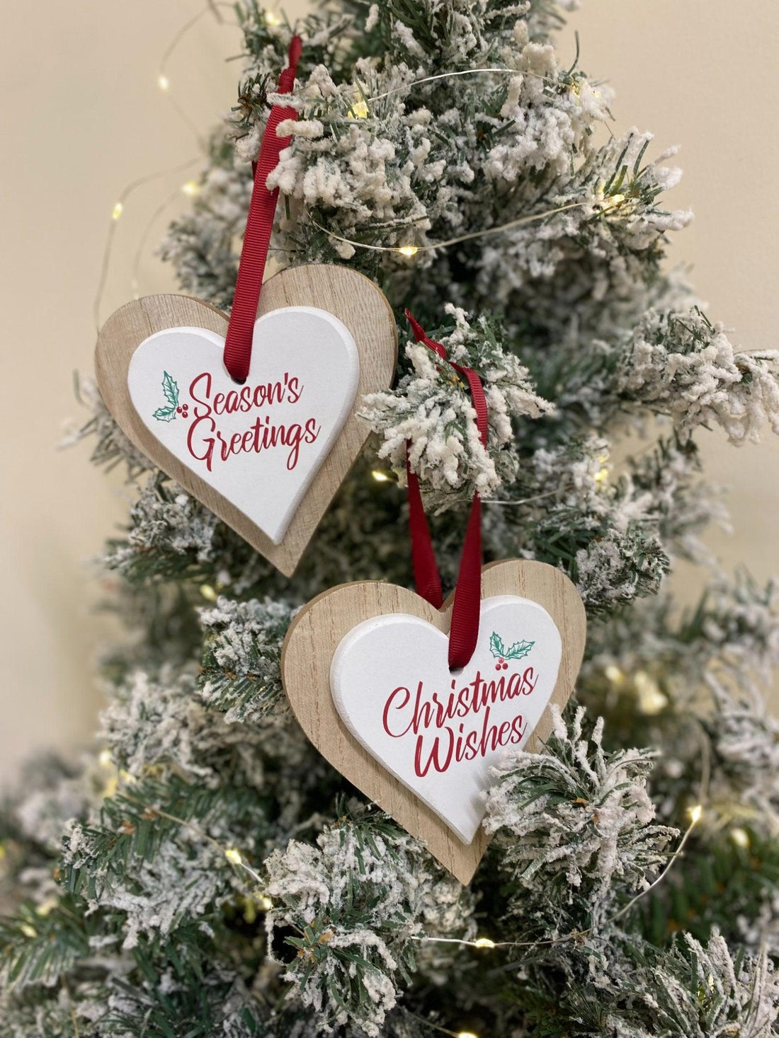 Set Of 2 Double Wooden Hanging Heart Decoration 12cm - £15.99 - Christmas Hanging Ornaments 