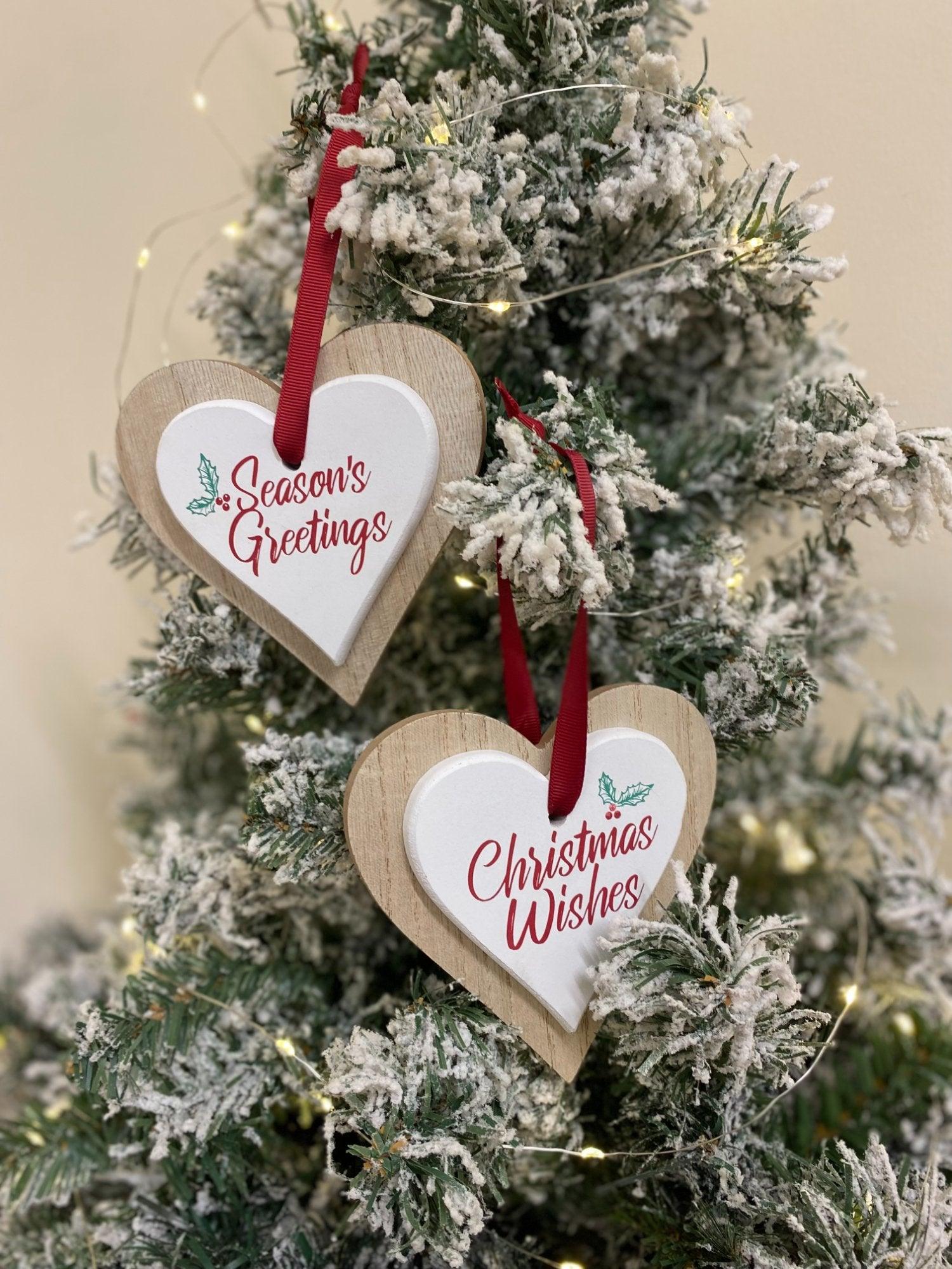 Set Of 2 Double Wooden Hanging Heart Decoration 12cm-Christmas Hanging Ornaments