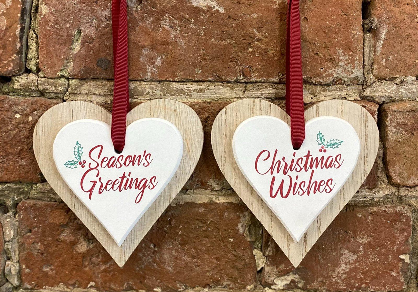 Set Of 2 Double Wooden Hanging Heart Decoration 12cm - £15.99 - Christmas Hanging Ornaments 