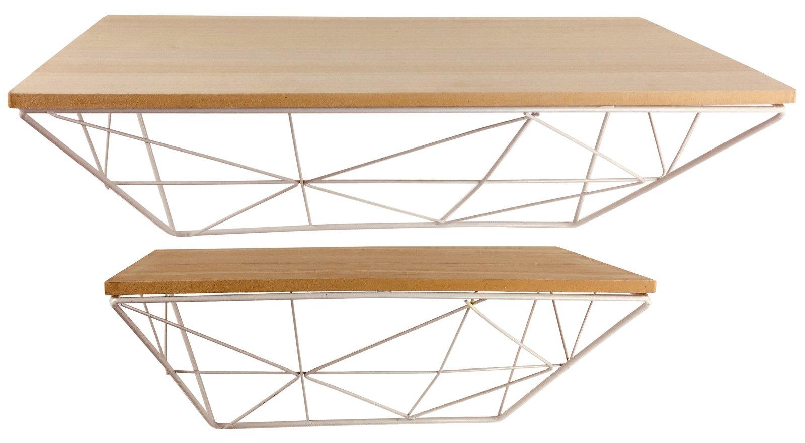 Set of 2 Geometric White Wire Shelves-Wall Hanging Shelving