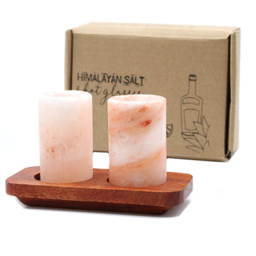 Set of 2 Himalayan Salt Shot Glasses & Wood Serving Stand - £45.0 - 