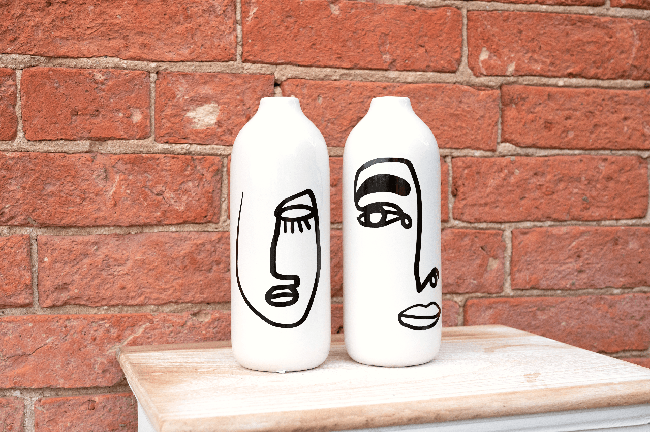 Set of 2 Monochrome Face Ceramic Vases-Planters, Vases & Plant Stands