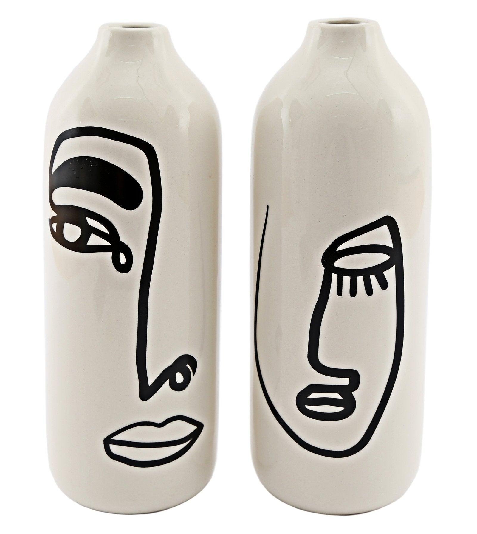 Set of 2 Monochrome Face Ceramic Vases-Planters, Vases & Plant Stands