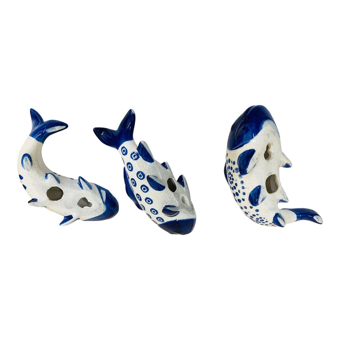 Set of 3 Blue Koi Fish Ceramic Ornaments Willow Design - £33.99 - Ornaments 