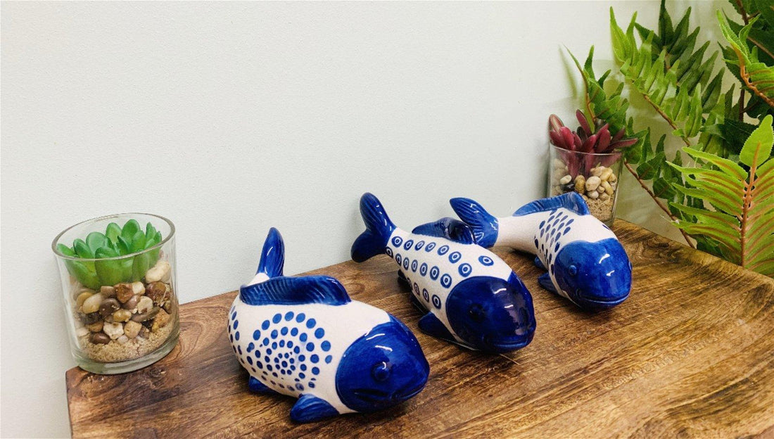 Set of 3 Blue Koi Fish Ceramic Ornaments Willow Design - £33.99 - Ornaments 