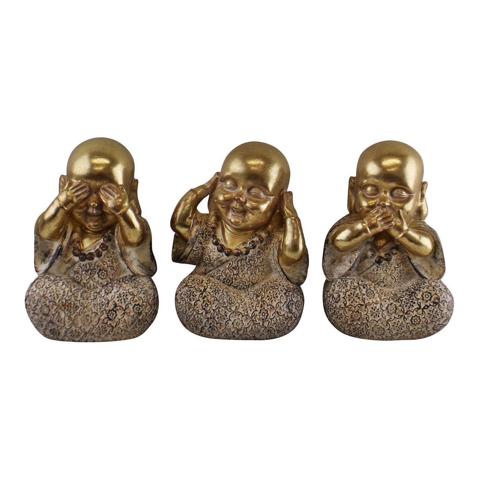 Set of 3 Gold Buddha Ornaments, See No Evil, Hear No Evil, Speak No Evil-Figurines & Statues