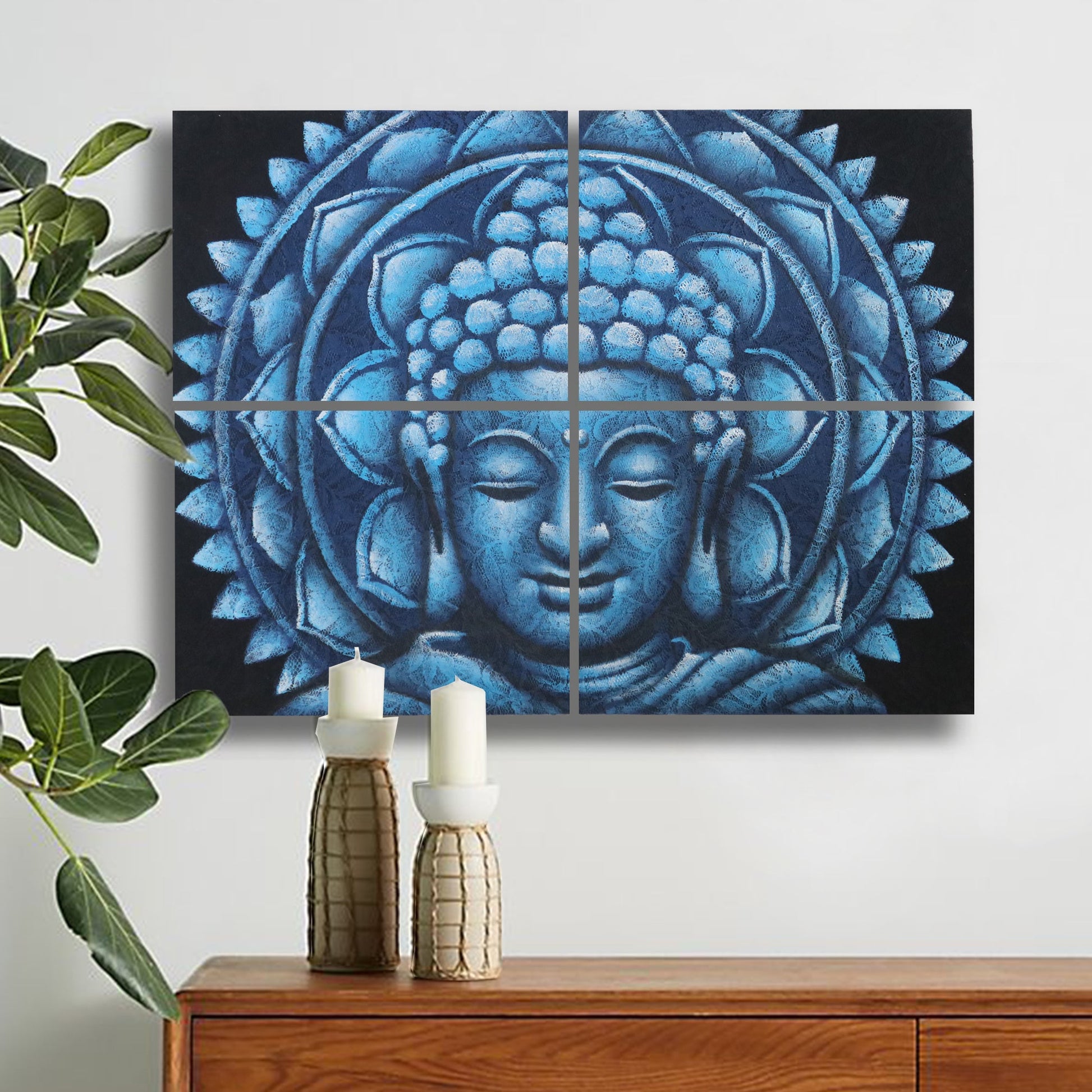 Set of 4 Blue Buddha Mandala Brocade Detail 30x40cm-