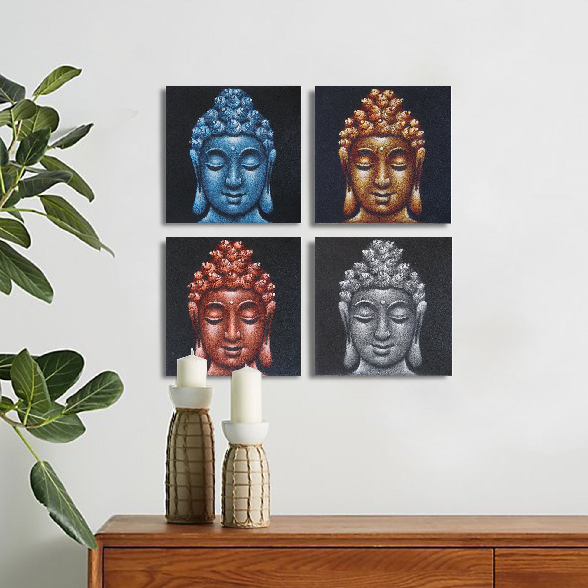 Set of 4 Buddha Heads Sand Detail 30x30cm-