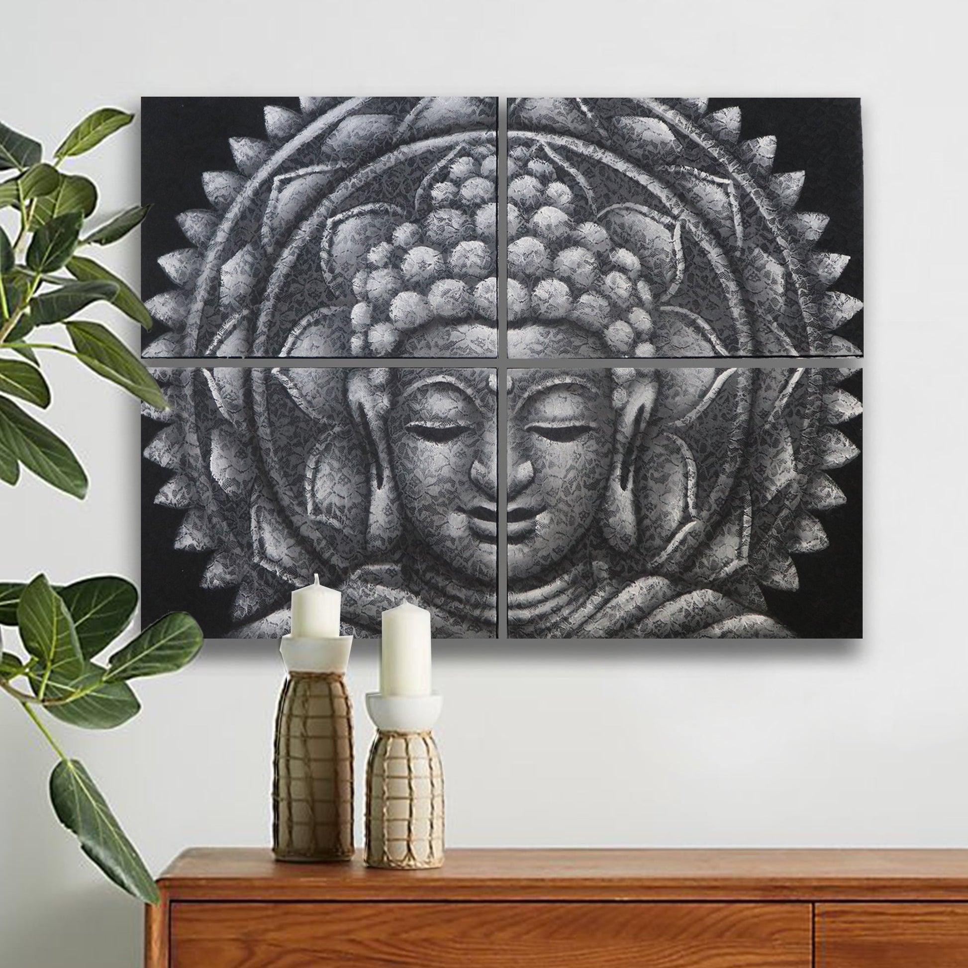 Set of 4 Grey Buddha Mandala Brocade Detail 30x40cm-