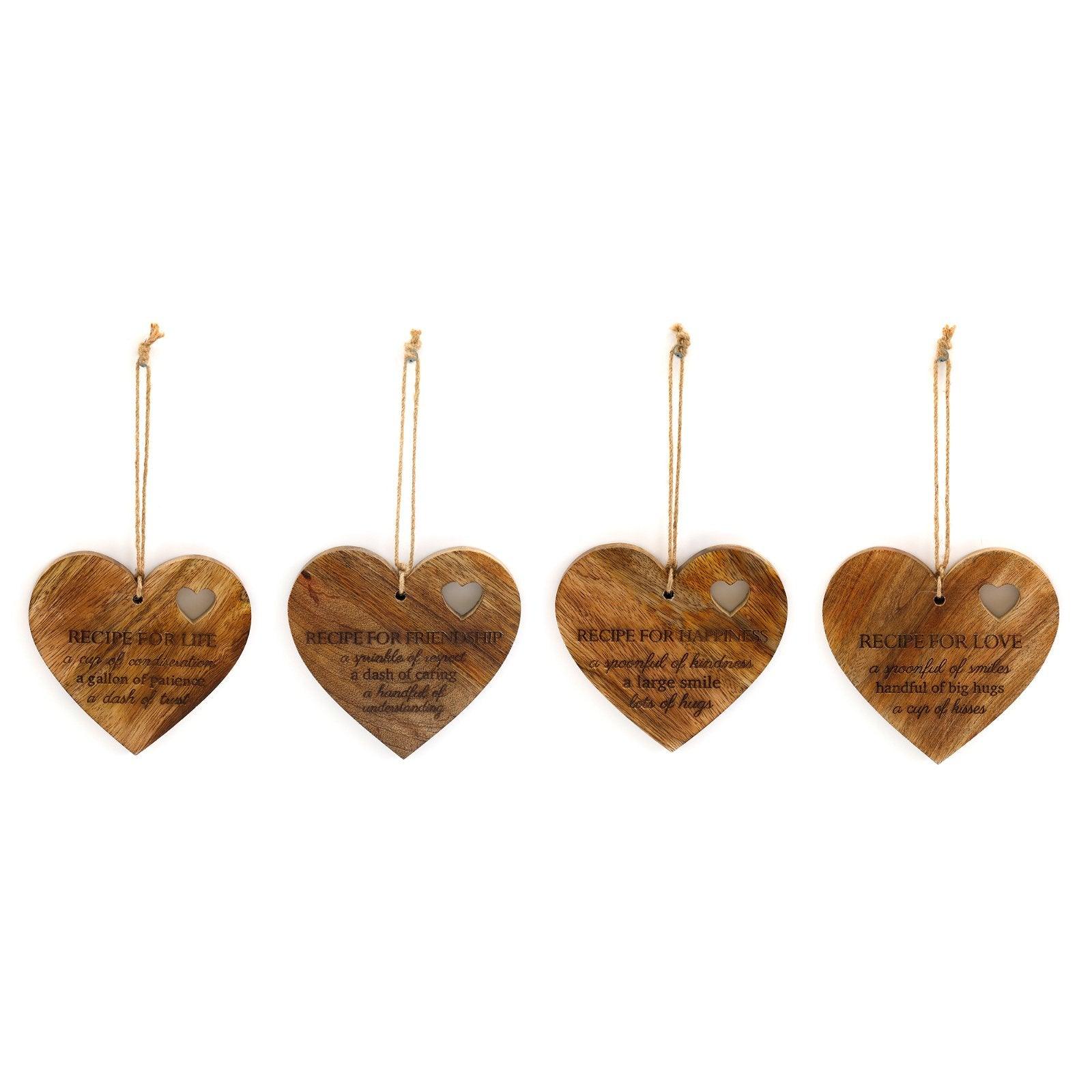 Set of 4 Wood Hanging Black Etched Life Recipe Heart Plaque-