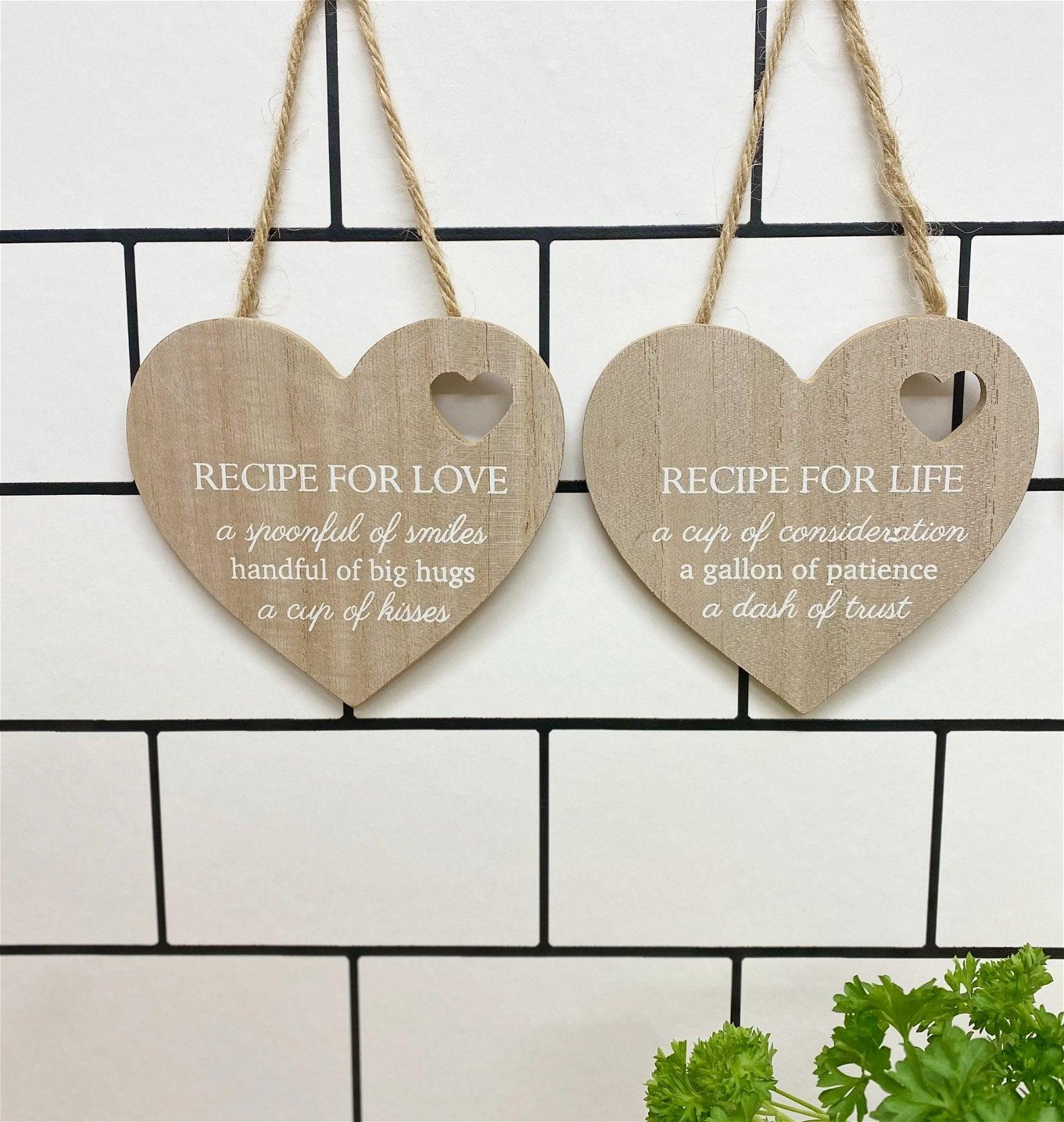 Set of 4 Wood Hanging White Etched Life Recipe Heart Plaque-