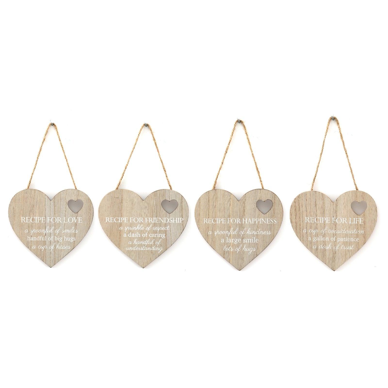 Set of 4 Wood Hanging White Etched Life Recipe Heart Plaque-