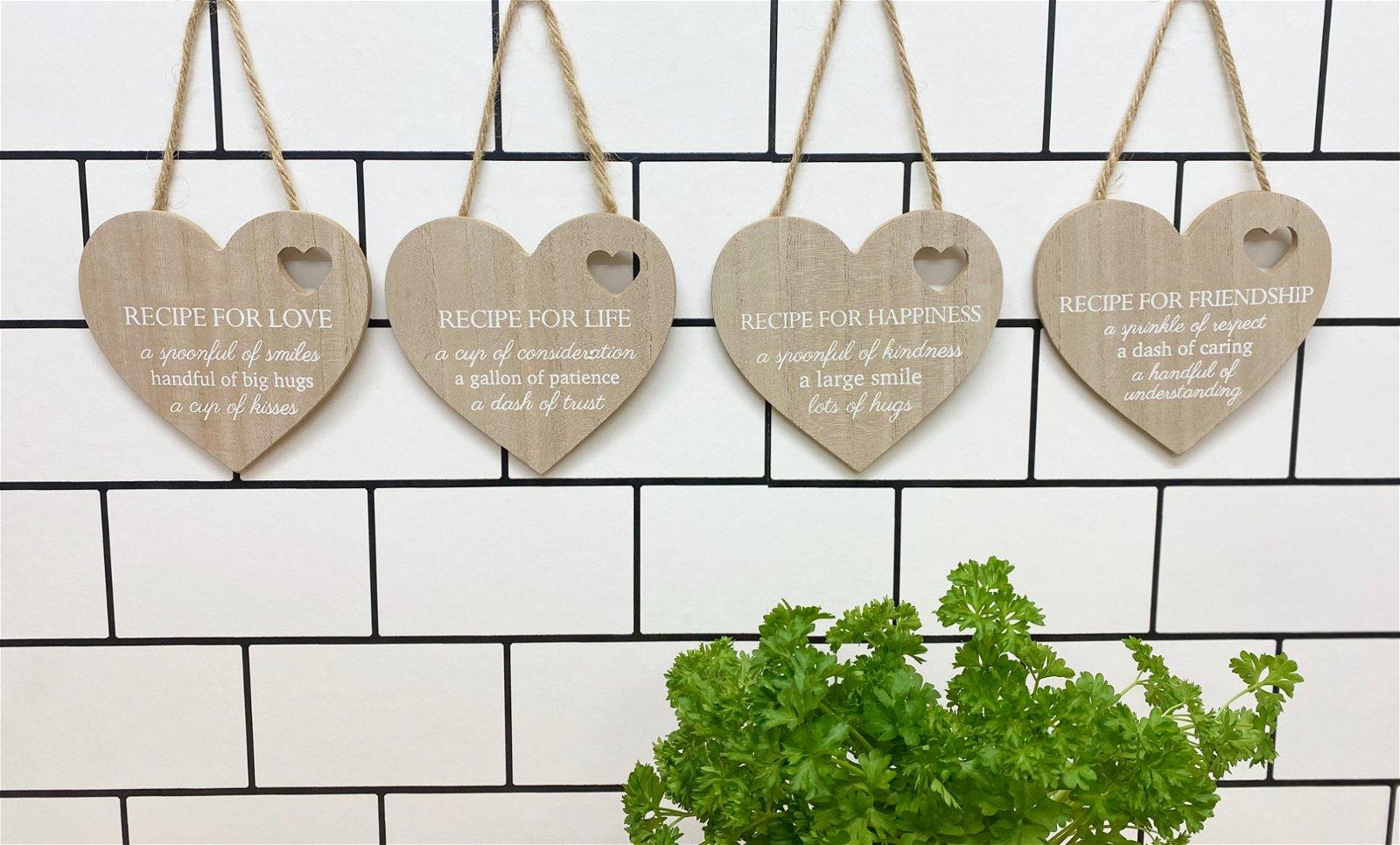 Set of 4 Wood Hanging White Etched Life Recipe Heart Plaque - £14.99 - 