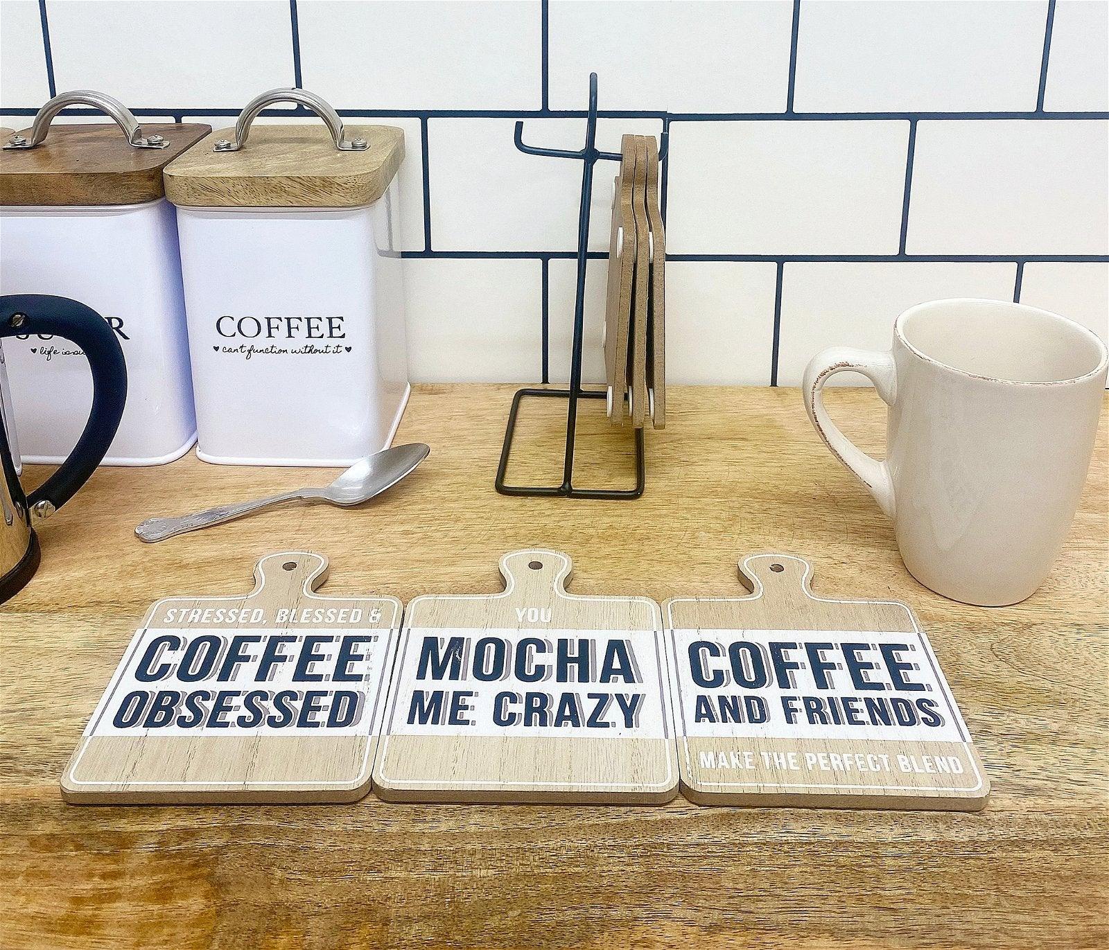 Set of Six Coffee Slogan Coasters On Metal Stand-