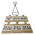 Set of Six Tea Slogan Coasters On Metal Stand-