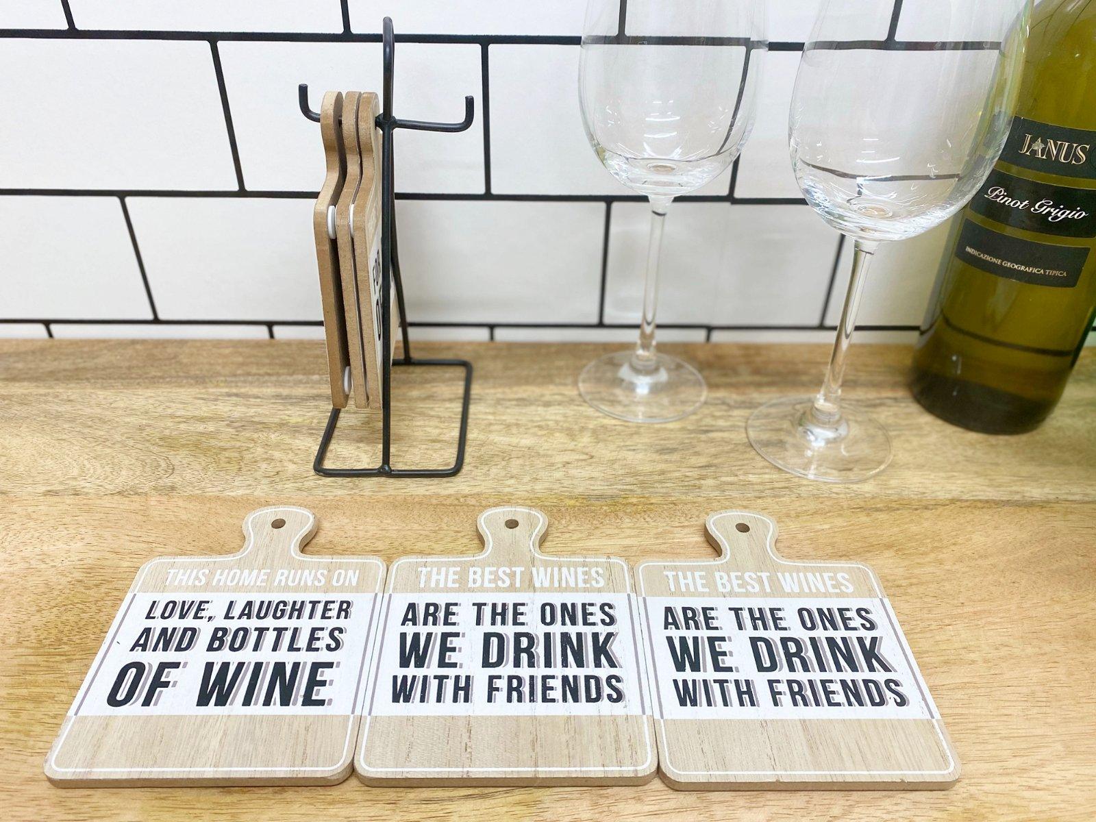 Set of Six Wine Slogan Coasters On Metal Stand-