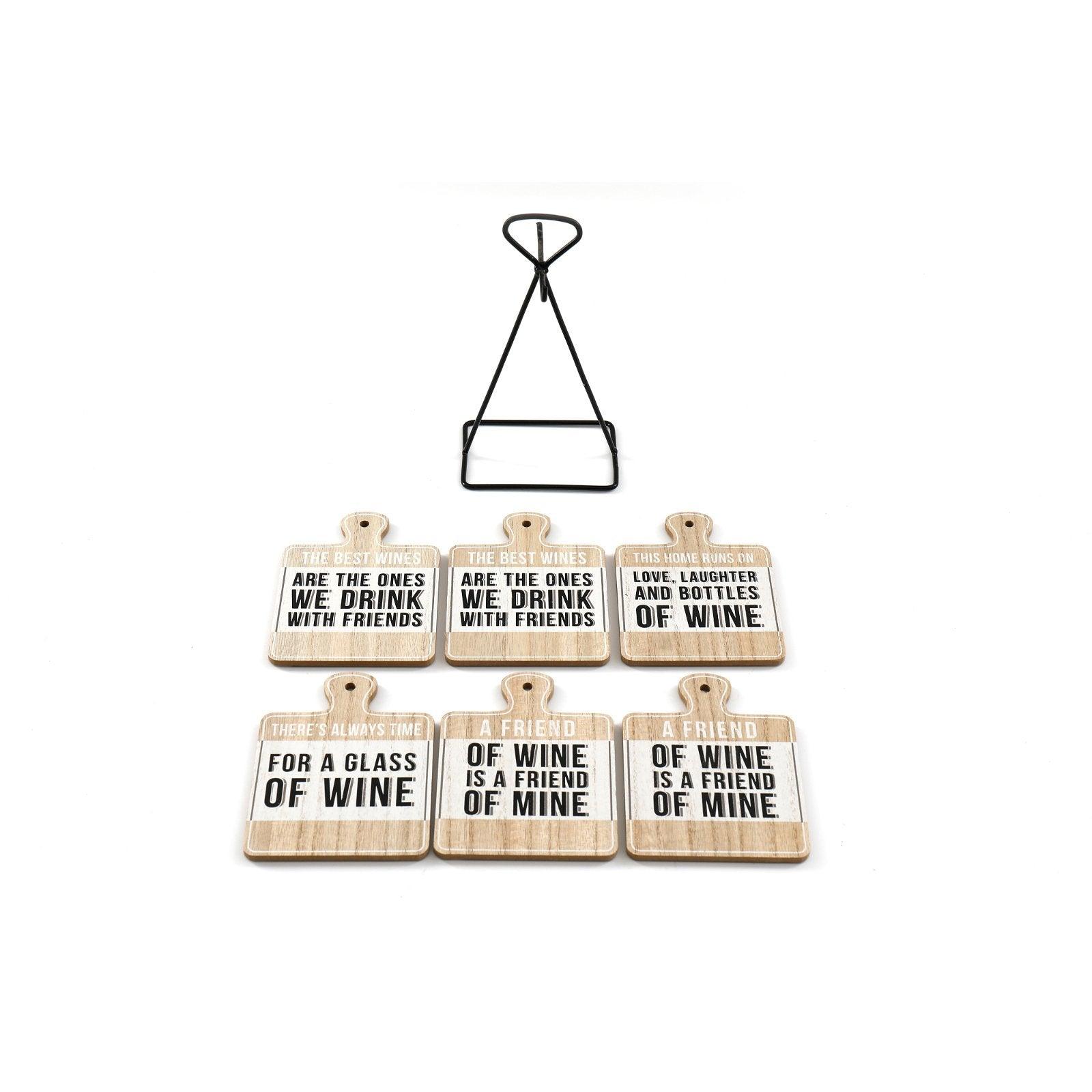 Set of Six Wine Slogan Coasters On Metal Stand-