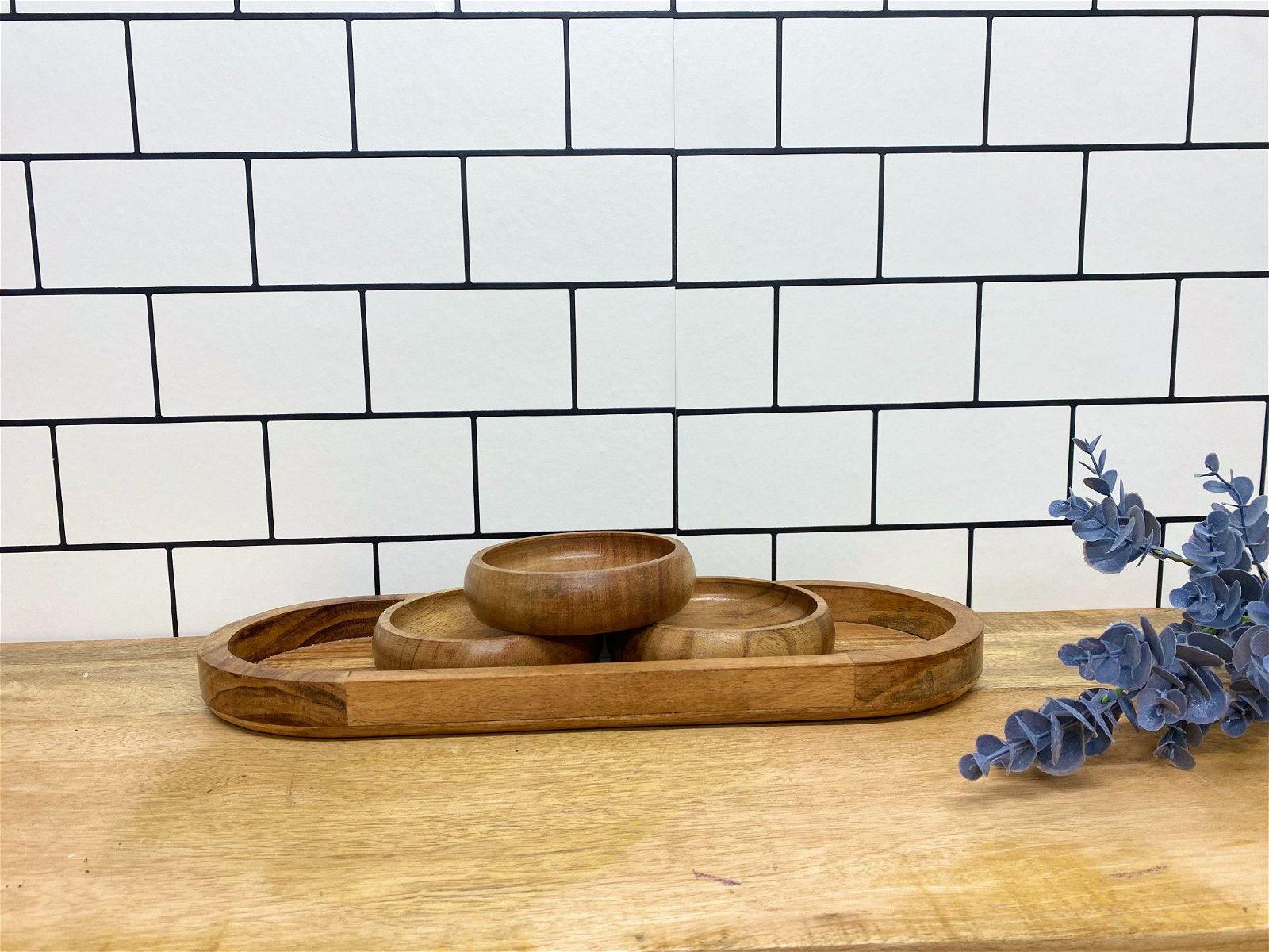 Set Of Three Bowls On Wooden Tray-