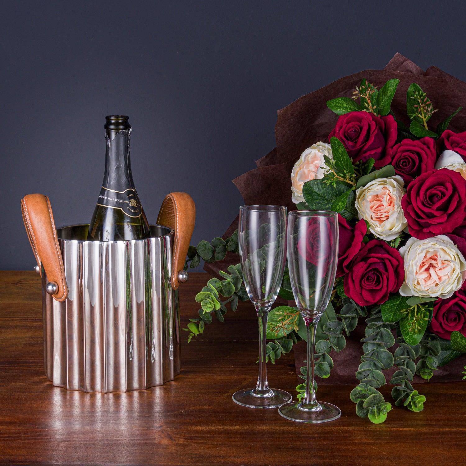 Silver Fluted Leather Handled Single Champagne Cooler-Gifts & Accessories > Kitchen And Tableware > Ornaments