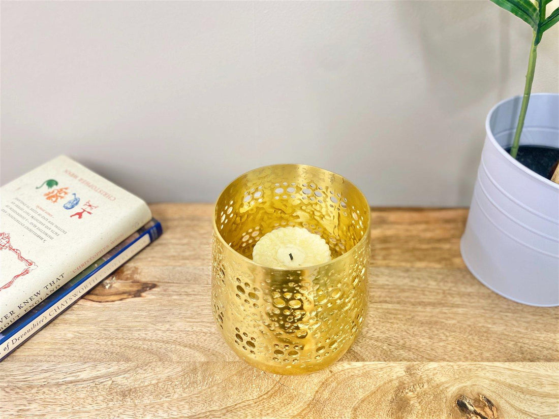 Small Gold Candle Pot 13.5cm - £26.99 - Candle Holders & Plates 