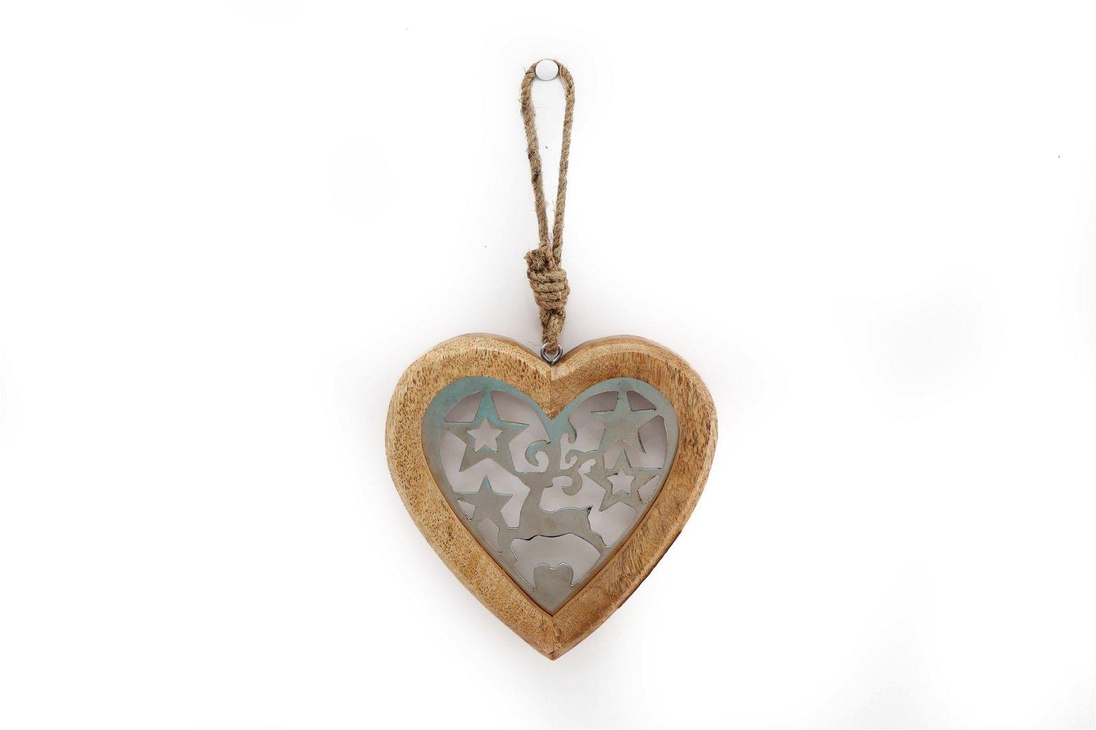 Small Wood Hanging Heart With Metal Reindeer & Stars-