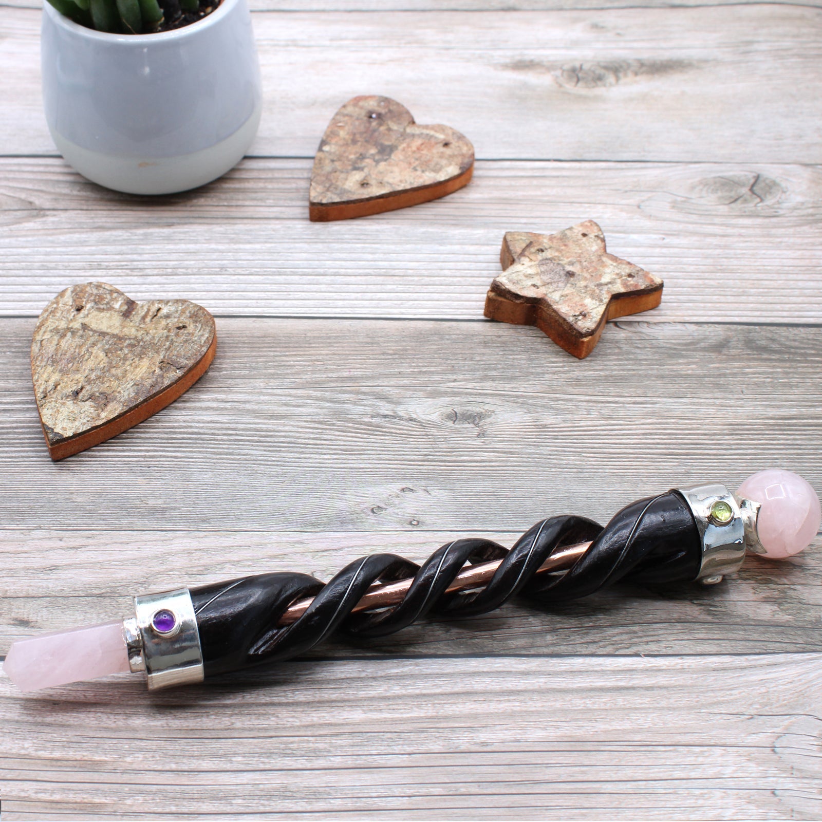 Spiral Carving Healing Wand - Copper Pipe Rose Quartz-