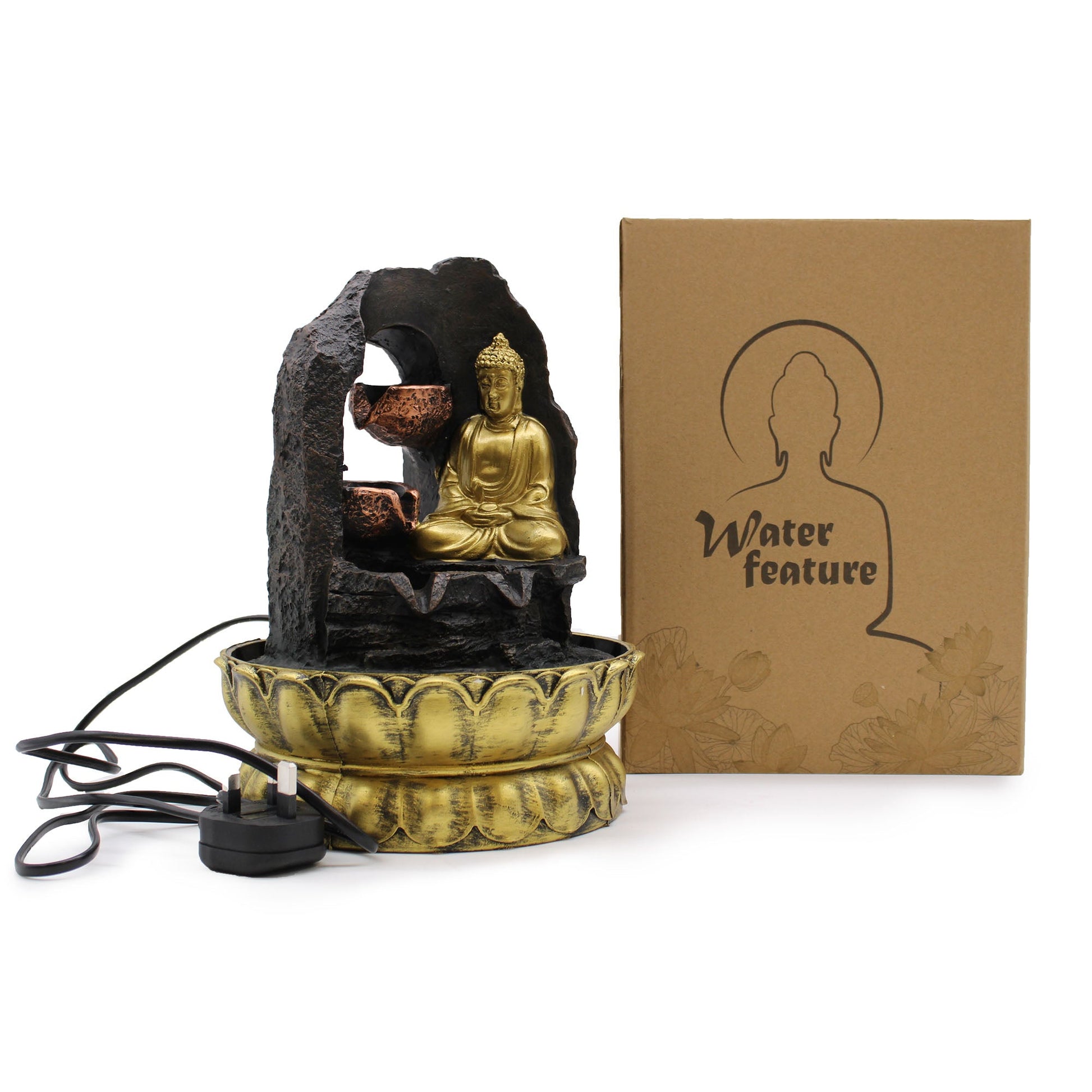 Tabletop Water Feature - 30cm - Golden Meditating Buddha-